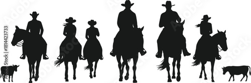 PrintSilhouettes of Western Ranchers: Cowboys and Cowgirls on Horses with Cattle, Black Vector Illustration for Rodeo and Farm Graphics