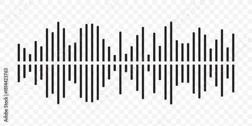 Black podcast sound wave patterns with varying amplitude bars for audio visualization and media interfaces. Digital frequency lines on white bg for music players, recording apps or broadcast design