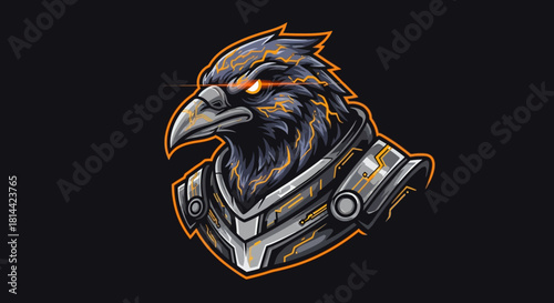 A digital illustration of a robotic eagle head mascot with metallic accents and orange highlights on a black background.