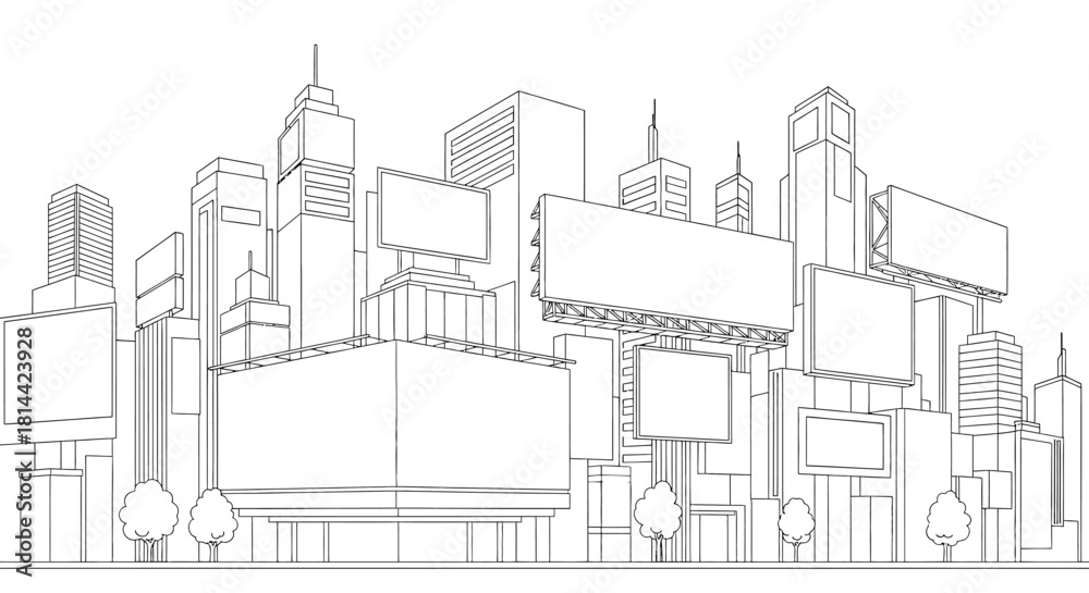 Fototapeta premium Cityscape Skyline with Numerous Billboards and Ads