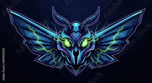 Digital illustration of a futuristic blue owl head mascot with neon green eyes and vibrant lightning bolts on a dark background.