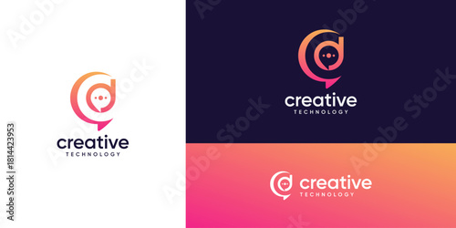 Modern letter d with bubble speech logo design inspiration. Talk and chat technology communication concept. Combination vector based icons symbols.