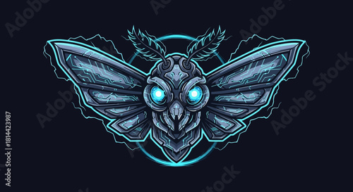 A futuristic, neon-lit moth head mascot with glowing blue eyes and antennae against a dark background with a subtle glow effect.