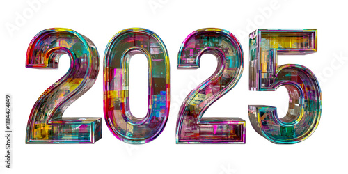 Colorful 3d render of the year 2025 with abstract vibrant design isolated on transparent background