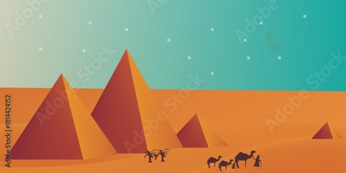 desert with pyramids and camels