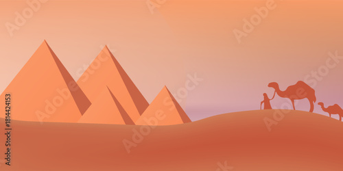 Vector illustration of landscape in savanna, Camel caravan at pyramids in sunset.  Scenic view of desert with nature trees, sky, mountains and wild nature.
