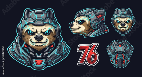 A digital illustration of a raccoon head mascot in various views, with a futuristic metallic design and the number 76, set against a black background with a neon blue outline.