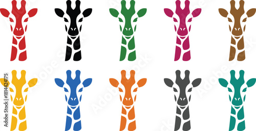 Colorful giraffe head icons collection on white background, Multicolor giraffe face silhouette set