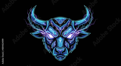 Digital illustration of a blue bull head mascot with glowing purple eyes and neon accents against a black background.