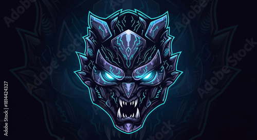 A digital illustration of a menacing dragon head mascot with glowing blue eyes and sharp teeth, set against a dark background with a subtle glow effect.