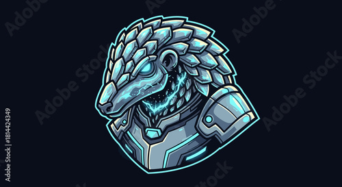 Digital illustration of a robotic pangolin head mascot with metallic scales and armor on a black background with neon blue outlines and accents.
