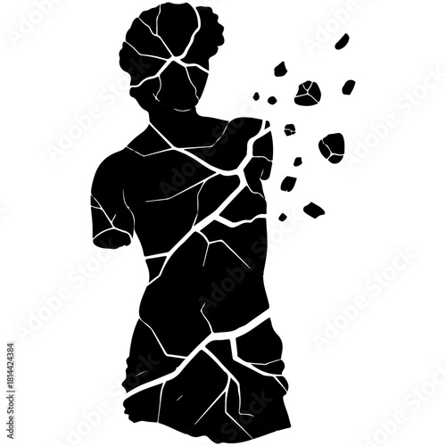 Black silhouette of a classical statue fragmenting and breaking apart
