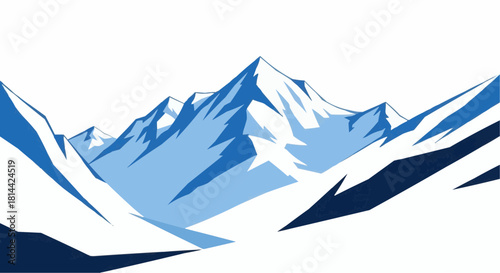Illustration of a mountain range with snow capped peaks against a white background in shades of blue