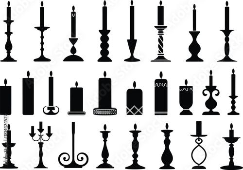 PrintVector Silhouette Set of Candles and Candlesticks, Vintage Candelabra, Pillar, and Taper Shapes for Dinner, Church, and Holiday Decor