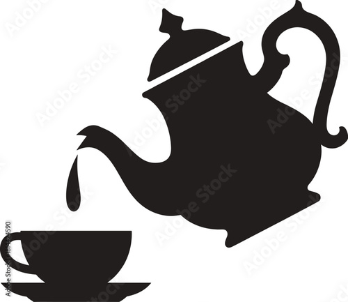 Black teapot pouring liquid into cup and saucer vector