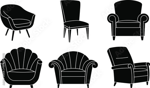PrintVector Silhouette Set of Armchairs, Accent Chairs, and Dining Seats, Modern and Vintage Furniture Icons for Interior Design Graphics