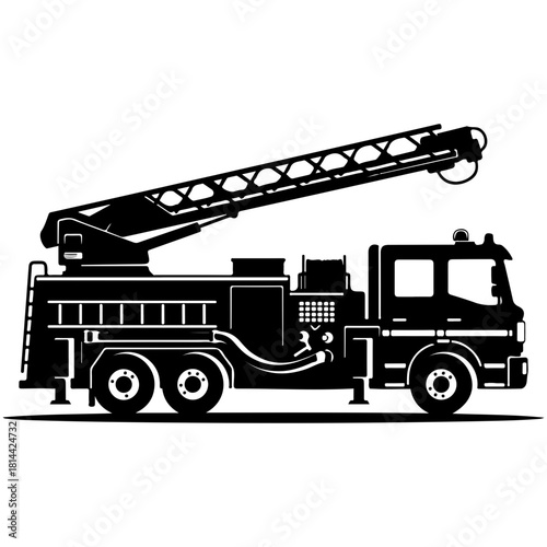 Black and white silhouette of a fire truck with an extended ladder