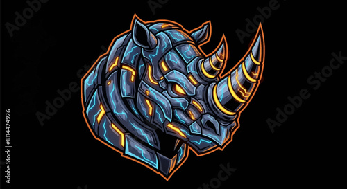A blue and orange robotic rhinoceros head mascot with a metallic design on a black background.