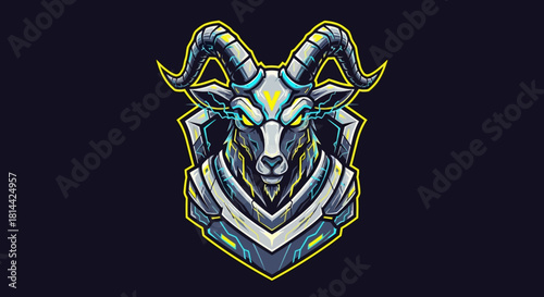 Digital illustration of a futuristic goat head mascot with glowing blue eyes and metallic armor on a black background.