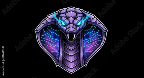 A purple snake head mascot with glowing blue eyes and vibrant pink and blue veins on a black background, in a digital illustration style with a menacing mood.