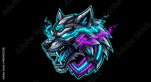 A neon-lit wolf head mascot with glowing blue and purple accents against a black background, showcasing a fierce expression with sharp teeth.