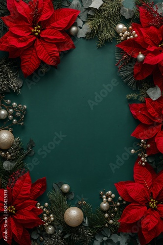 Festive Red Poinsettias and Greenery Create a Vibrant Holiday Decoration Frame