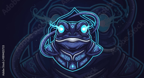 Digital illustration of a blue robotic frog head mascot with glowing eyes and wires on a dark background with neon outlines.
