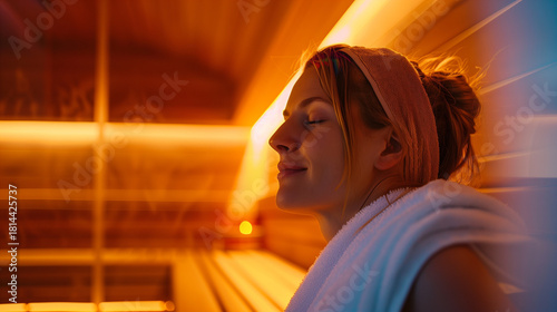 A close-up of a woman smiling in a sauna, surrounded by a warm glow, embodying peace and relaxation in a spa-like environment