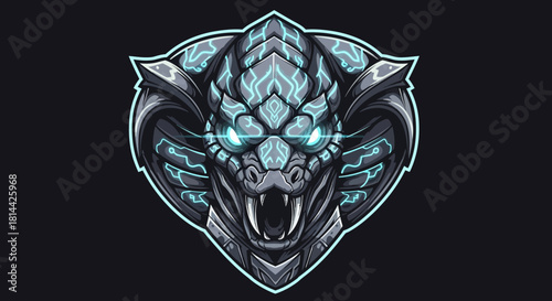 A futuristic, glowing blue and gray dragon head mascot with sharp teeth and pointed ears on a black background with a neon outline, conveying a strong and powerful mood.