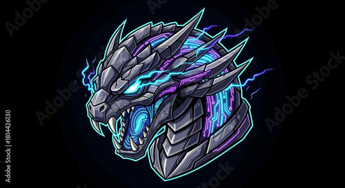 A digital illustration of a fierce dragon head mascot with glowing blue and purple accents on a black background.