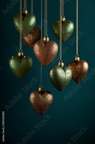Hanging Heart Ornaments in Green and Bronze Against a Teal Background for Fes...