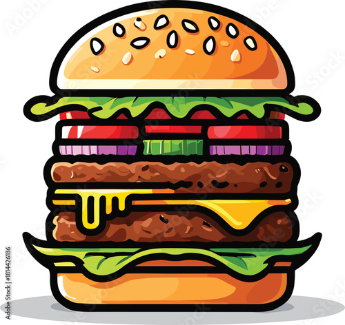 Stacked hamburger with cheese lettuce tomato onion and sesame seed bun