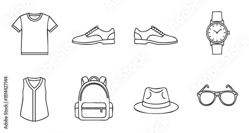 Collection of men's fashion and travel accessories shown as simple black and white line art icons, including a shirt, shoes, watch, backpack, hat, and sunglasses