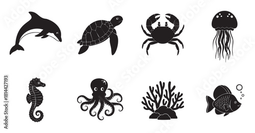 Collection of black silhouette icons featuring various sea animals and marine life, including a dolphin, turtle, crab, and octopus