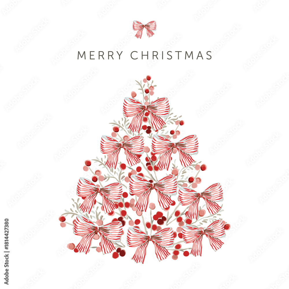 Fototapeta premium Christmas greeting card, text, white background. Tree made of bows and red berries. Vector illustration. Poster, banner design template. Winter xmas holidays
