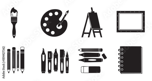Collection of black art supply icons in a flat silhouette style, including a paintbrush, palette, easel, canvas, pencils, and markers