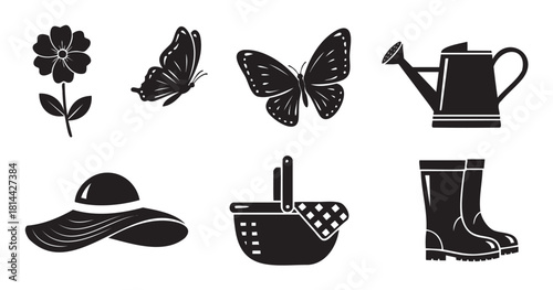 Vector collection of black silhouette icons for spring and gardening, featuring a flower, butterflies, watering can, sun hat, picnic basket, and rubber boots