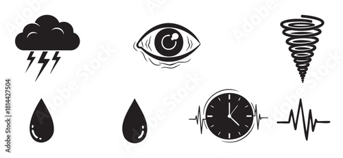 Set of black and white icons representing stress, anxiety, and crisis, including a storm cloud, crying eye, tornado, teardrop, and a clock with a pulse line