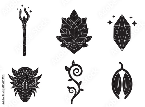 Set of magical fantasy icons in a black silhouette style, featuring a wizard staff, sparkling crystal, shamanic mask, and organic nature symbols for esoteric design