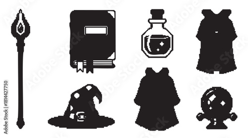 Set of black and white pixel art icons for a fantasy role-playing game, including a wizard staff, spell book, potion, robe, hat, and crystal ball