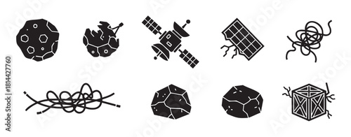 Collection of black glyph icons depicting space pollution and cosmic debris, including asteroids, damaged satellites, and tangled waste, in a simple graphic design style