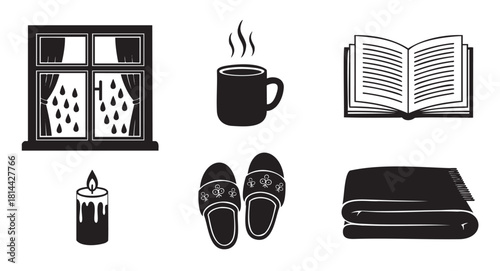 Set of black silhouette icons representing a cozy day at home during rainy weather, with a book, hot drink, blanket, slippers, candle, and window view