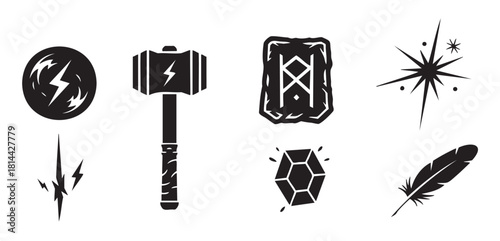 Set of graphic vector icons for a fantasy or mythological theme, featuring a thunder hammer, ancient rune, magic crystal, sparkling star, and feather