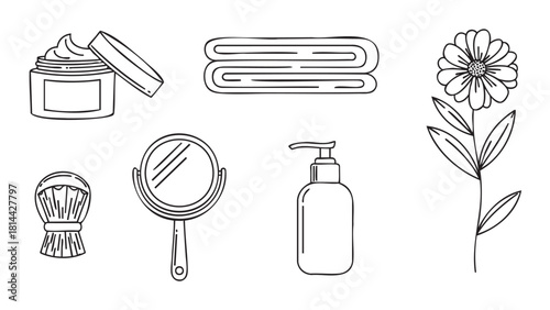 Hand-drawn collection of minimalist line art icons representing a spa and self-care routine with cream, a towel, a mirror, a lotion bottle, and a flower