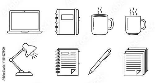 Collection of minimalist black line art icons representing office supplies and work from home essentials like a laptop, notebook, coffee mug, and desk lamp