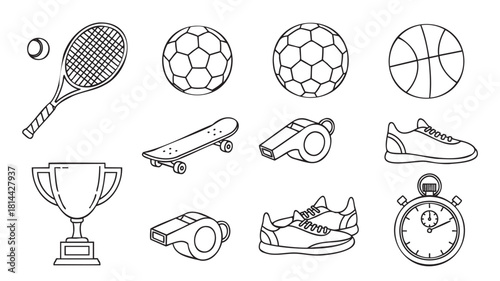 Diverse collection of black and white line art icons representing various sports equipment and symbols, including balls, a trophy, sneakers, and a stopwatch