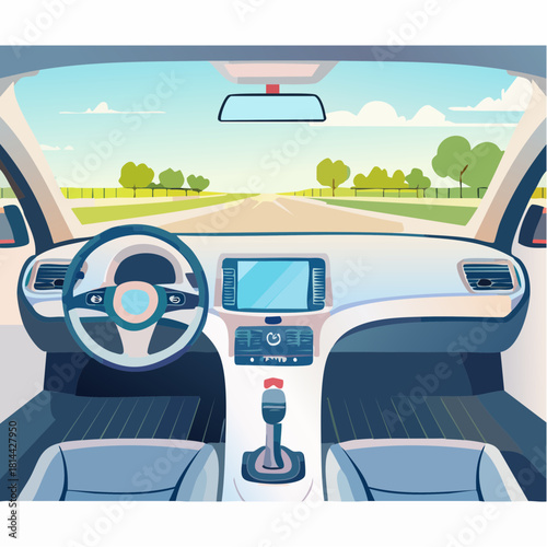 First-person perspective of a scenic road trip from inside a modern car interior with a view of the highway and landscape through the windshield