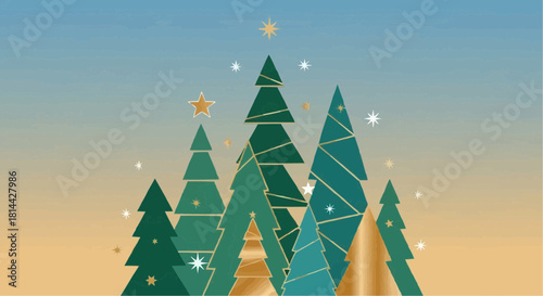 Stylized christmas trees with stars on a gradient background in shades of blue and gold hues design