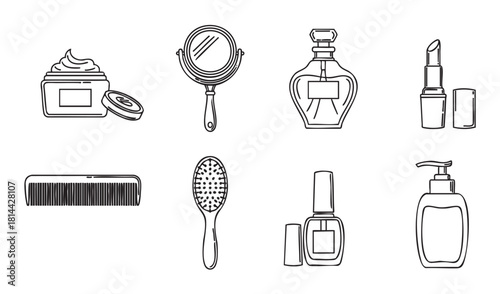 Collection of minimalist black and white line art icons representing various beauty, cosmetic, and personal care products