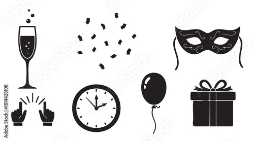 Festive collection of black silhouette icons for a party or holiday celebration, with a clock, champagne, gift, mask, and confetti